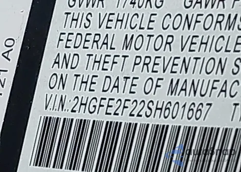 2025 Honda Civic Lx from USA, damaged, VIN 2HGFE2F22SH601667